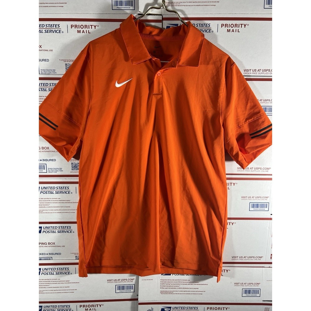 NIKE FLEX Polo Shirt Mens Large Swoosh Stripe Football Golf Dry Fit Orange Gym‎